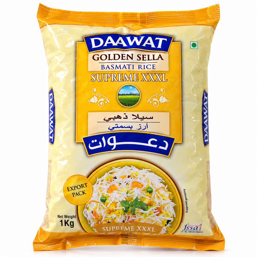 Daawat Beras Basmati Golden Sella (1kg) Basmati Rice Supreme Extra Long Grains